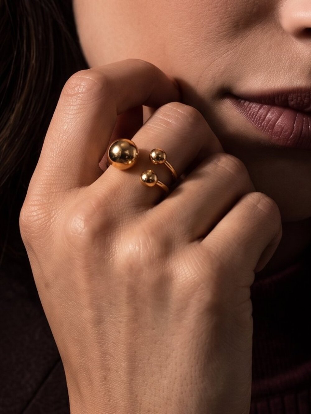 Gold Triple Sphere Open Wrap Ring Sculptural Adjustable Stainless Steel Size 7